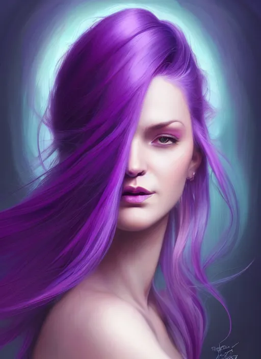 Image similar to Purple hair relistic Portrait of a woman with bright colored flying hair, all shades of purple. Hair coloring, long hair, fantasy, intricate, elegant, highly detailed, digital painting, artstation, concept art, smooth, sharp focus, illustration, art by artgerm and greg rutkowski and alphonse mucha