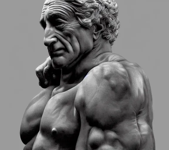 Image similar to a hyper-detailed marble status of Robert DeNiro by Michelangelo; anatomically correct; an extraordinary masterpiece!!!; proud posture; photorealistic eyes; trending on artstation; f/1.4; 90mm