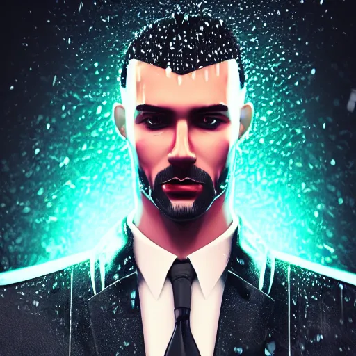 Image similar to stylish man cartoon portrait made out of rain, pinstripe suit, cyberpunk background, rendered in octane, unreal engine, highly detailed, trending on artstation, realistic, neon, beautiful, volumetric lighting, depth of field