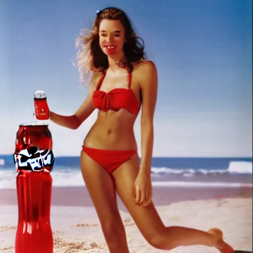Image similar to advertisement photo of beautiful young model woman in a red bikini drinking a Coca-Cola at a beach party. By Lindsay Adler Coca-Cola ad