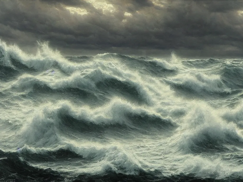 Image similar to a cinematic view of a stormy sea with cthulhu rising. art by william trost richards and donato giancola, hyperrealism, artstation