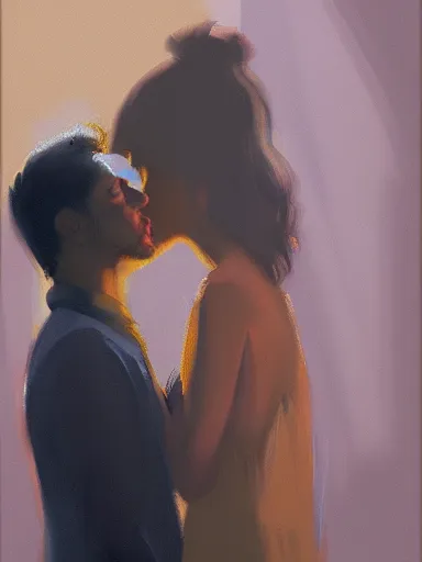 Image similar to masterpiece painting by salman toor, of a solo individual portrait of a guy and a girl kissing, cinematic light, renaissance, atmospheric effects, artstation