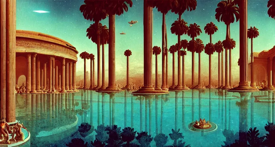 Image similar to a large tiled swimming pool with many palm trees surrounded by roman architecture columns and statues, underneath a star filled night sky, harold newton, zdzislaw beksinski, donato giancola, warm coloured, gigantic pillars and flowers, maschinen krieger, beeple, star trek, star wars, film, atmospheric perspective