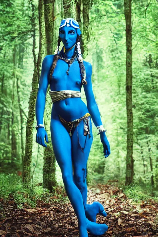 Image similar to a german woman dressed as a blue-skinned female navi from avatar standing in a forest, high resolution film still, 8k, HDR colors, cosplay, outdoor lighting, high resolution photograph, photo by bruce weber