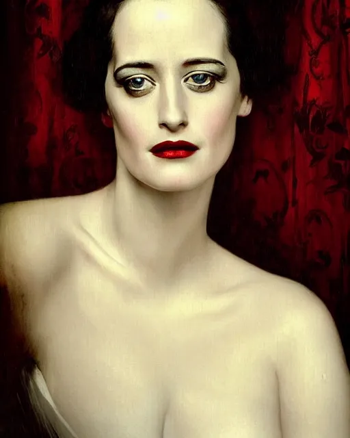 Image similar to portrait en buste of eva green in repose vesper lynd vannessa ives by Hughes Merle, perfectly detailed eyes, realistic fabric, abundant detail