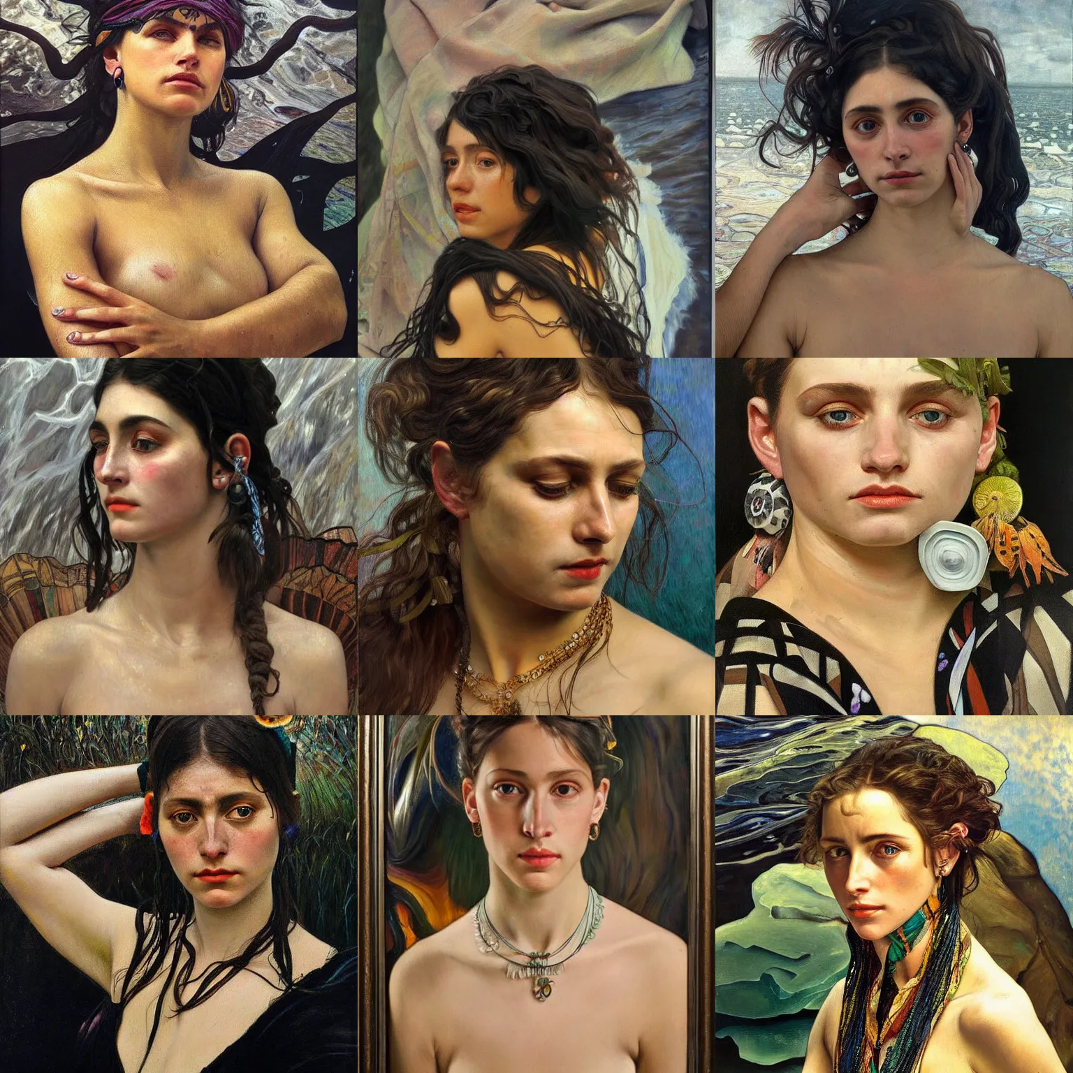 Prompt: hyperrealist painting portrait half body shoulder inca jewelry submerge in a black waves, moon light wet by lucian freud and alphonse mucha,, very detailed faces