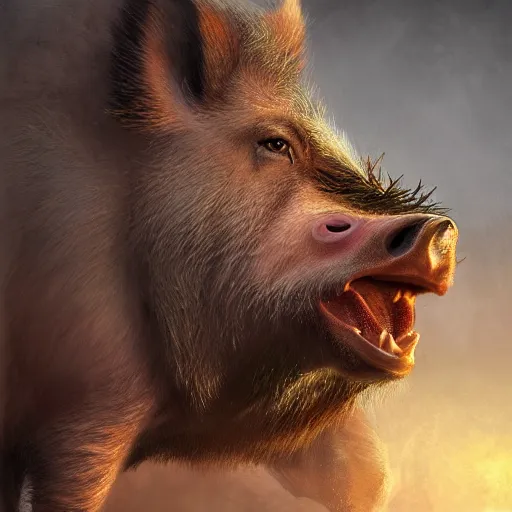 Image similar to a portrait of a boar wearing a white suit, muscular, smoking a cigar, gorgeous, intricate, elegant, volumetric lighting, scenery, high detail digital art, smooth, tony sart, randy vargas, sharp focus, illustration, concept art