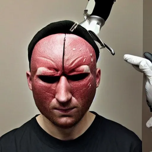 Prompt: surgery leaves mans head look like a baseball ball