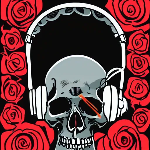 Prompt: skull with headphones and 3 roses, illustration, artwork by Mike Mignola