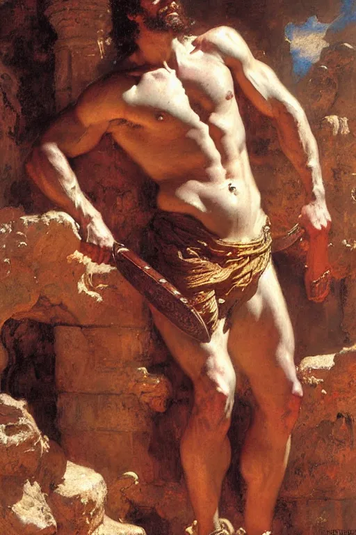 Image similar to muscular male gladiator, roman baths painting by gaston bussiere, craig mullins, j. c. leyendecker