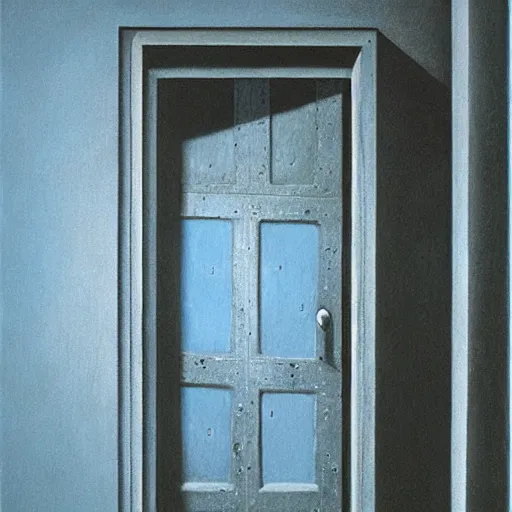 Image similar to painting by zdzislaw beksinski of a door, zyklon blue, detailed, far shot, graveyard