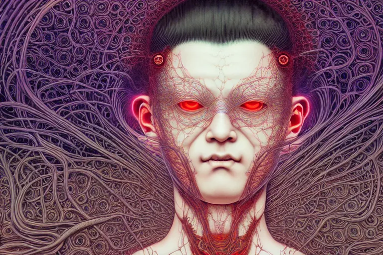 Image similar to realistic detailed image of being plugged into the matrix, conjuring psychedelic background, part by takato yamamoto, part by alex gray, ross tran, james jean, ultra realistic, octane render, highly detailed, 8 k, trending on artstation, cosmic, symmetry, masterpiece