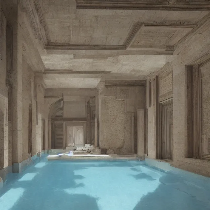 Prompt: a room with a pool in the middle of it, a digital rendering by ricardo bofill, featured on cg society, hypermodernism, vray tracing, rendered in unreal engine, liminal space