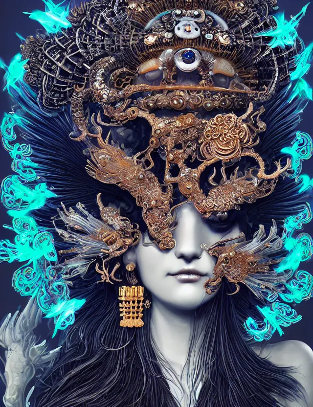 Image similar to goddess macro close - up portrait with crown and mask made of ram skull. beautiful intricately detailed japanese crow kitsune mask and clasical japanese kimono. betta fish, jellyfish phoenix, bioluminescent, plasma, ice, water, wind, creature, artwork by tooth wu and wlop and beeple and greg rutkowski