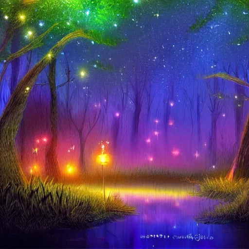Image similar to a glowing magical sparkling swamp, firefly, dark, night, peaceful, digital painting.