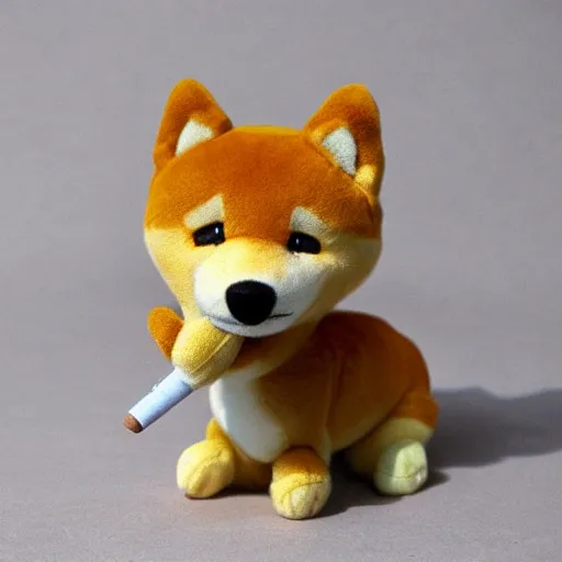 Image similar to a plush of a very evil shiba inu smoking a cigar, fluffy, soft, photo realistic, highly detailed,