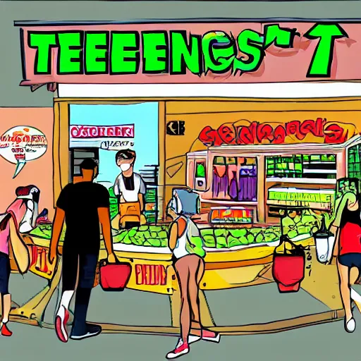 Image similar to teens visiting groceries store artwork by z toon comics