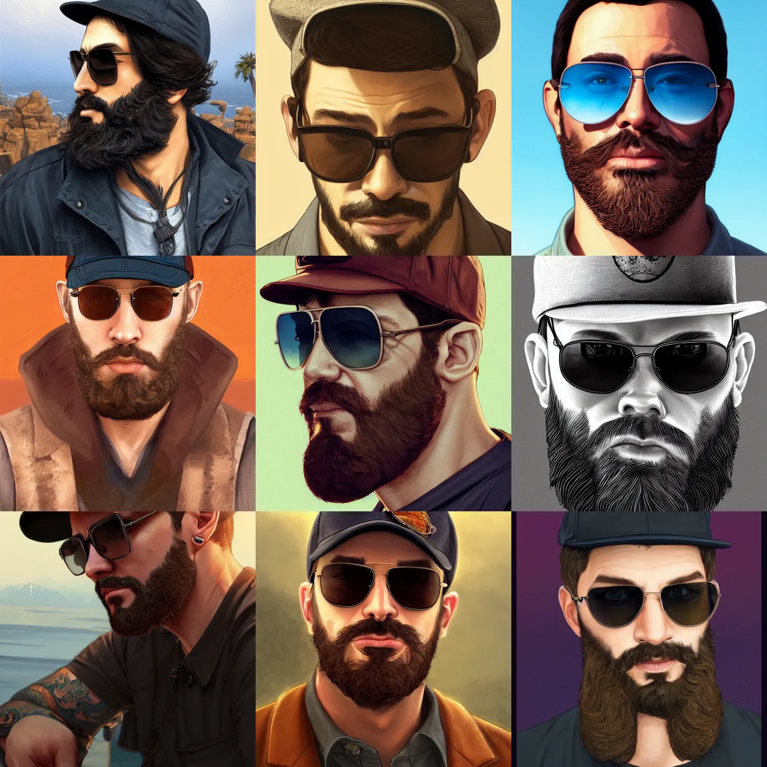 Prompt: handsome man with a beard wearing sunglasses and cap, Mark Edward Fischbach, intricate, highly detailed, digital painting, artstation, concept art, smooth, sharp focus, illustration, gta v cover art, Unreal Engine 5, 8K, art by artgerm and greg rutkowski and alphonse mucha
