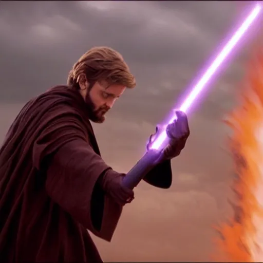 Prompt: dramatic still image of obiwan dueling anakin