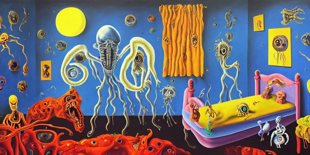 Image similar to a cosmic horror monstrosity inside of a childs bedroom, painting in the style of salvador dali, extremely detailed, disturbing, cinematic, 4 k, 8 k,