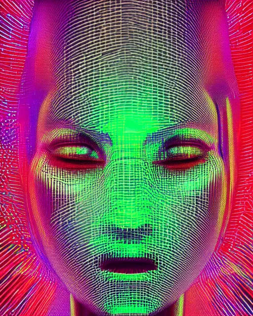 Image similar to dramatic cyberpunk portrait of a metallic featureless woman's face, crystalline, red glow, green glow, blue glow, atmospheric haze, intense shading, chromatic aberration, glitch, backlit, bokeh, centered