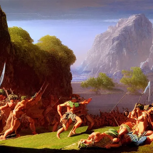 Prompt: Distant shot of the battle of Cannae 216 BCE, digital art, in the style of Franklin Booth, Thomas Cole