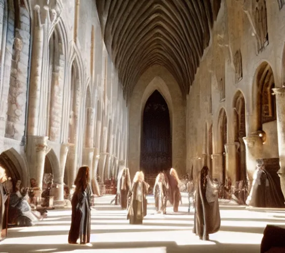 Image similar to Daenerys the Stormborn inside Hogwarts main hall, film still, best shot, 8K