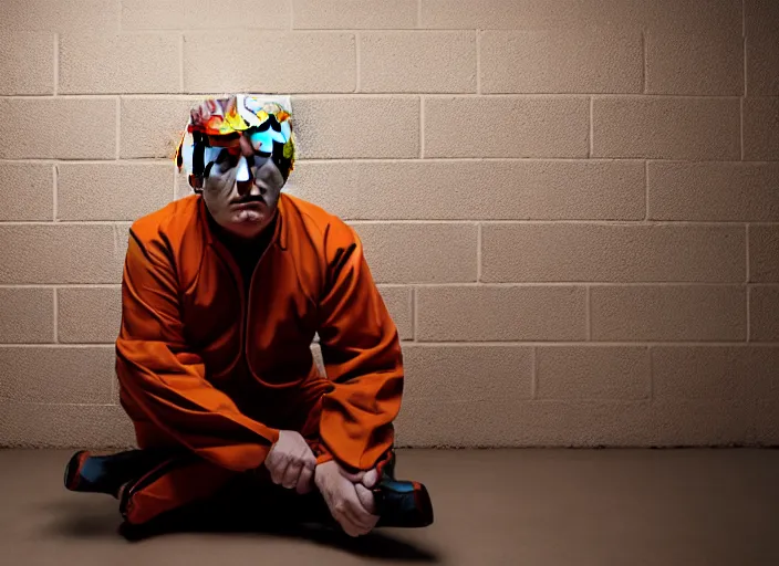 Prompt: portrait photo of donald trump sitting in a jail cell wearing an orange jumpsuit, studio lighting, key light, 8 k, 8 5 mm f 1. 8
