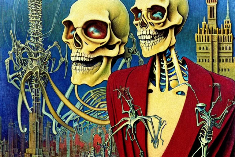 Image similar to realistic detailed closeup portrait painting of a single skeleton wearing a cape in a crowded futuristic moscow street by Jean Delville, Amano, Yves Tanguy, Alphonse Mucha, Ernst Haeckel, Edward Robert Hughes, Roger Dean, rich moody colours, blue eyes