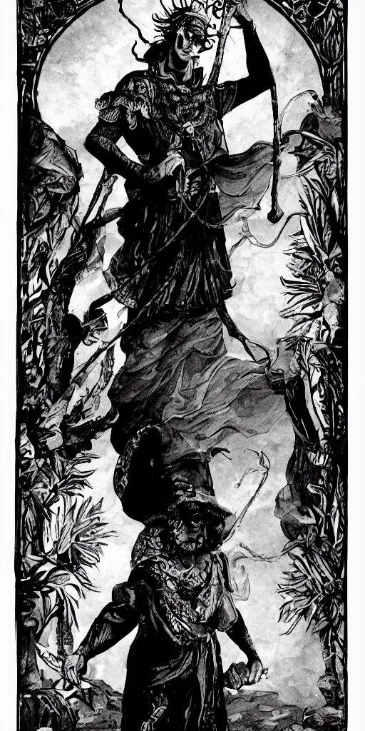 Image similar to The Fool Tarot illustration, matte painting, black and white