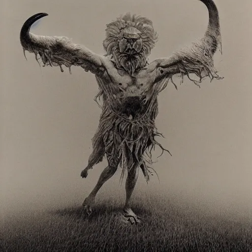 Prompt: a creature with the body and eyes of a man, with the beak of an eagle, the mane of a lion, and the horn of an ox. drawn by zdzislaw beksinski