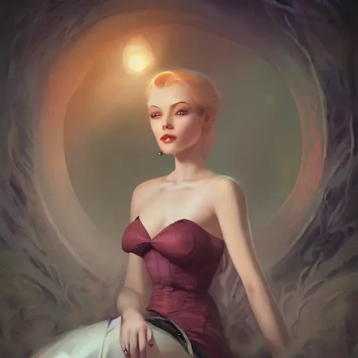 Image similar to a portrait of a haunted beautiful girl bored by charlie bowater and anna dittmann and gil elvgren.