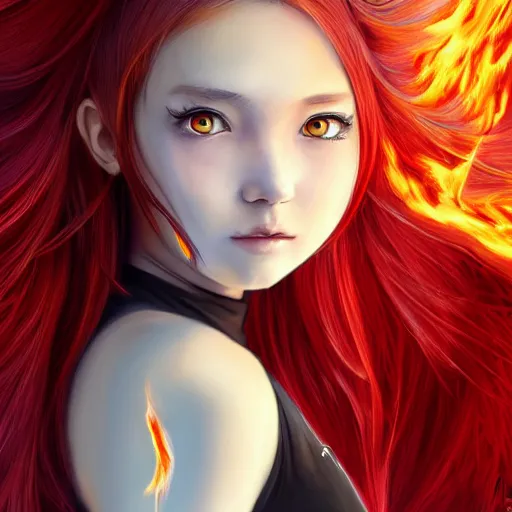 Image similar to advanced digital portrait painting photograph, a teenage anime girl wearing a dress made of fire , full body, very long black and red hair, silver eyes, full round face, intense stare, cinematic lighting, medium shot, MCU, highly detailed, trending on artstation, CSP, Photoshop, WLOP, Rossdraws, James Jean, Andrei Riabovitchev, Marc Simonetti, Anastasia Ovchinnikova and Sakimichan