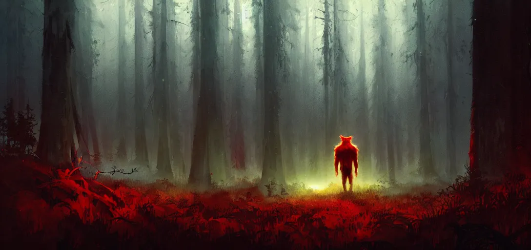 Prompt: highly detailed painting of a sasquatch with bright red eyes in a dark forest, cinematic lighting, dramatic atmosphere, by dustin nguyen, akihiko yoshida, greg tocchini, greg rutkowski, cliff chiang, 4 k resolution, luminous grassy background