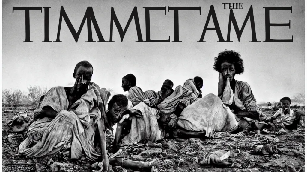 Image similar to 1 9 8 4 ethiopian famine and drought, dark, moody, in the cover of time magazine, 8 k