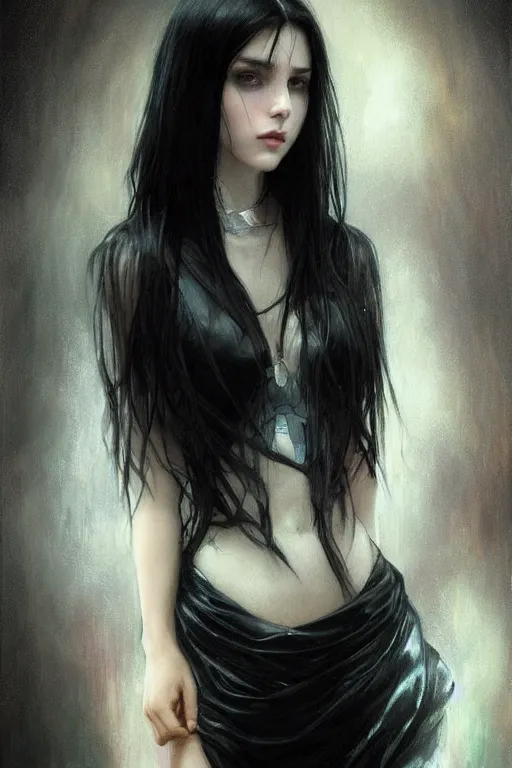 Prompt: portrait of teenage girl with glossy black hair, blue eyes, glowing porcelain skin, fashion model features, dark fantasy, dark academia, intricate, elegant, black dress, highly detailed, digital painting, artstation, concept art, smooth, sharp focus, illustration, art by Krenz Cushart and Artem Demura and alphonse mucha