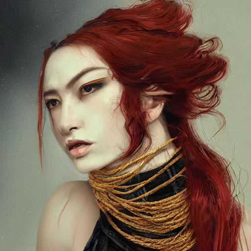 Image similar to portrait of a Shibari rope wrapped face and neck, headshot, insanely nice professional hair style, dramatic hair color, digital painting, of a old 13th century, traveler, amber jewels, baroque, ornate clothing, scifi, realistic, hyperdetailed, chiaroscuro, concept art, art by Franz Hals and Jon Foster and Ayami Kojima and Amano and Karol Bak,