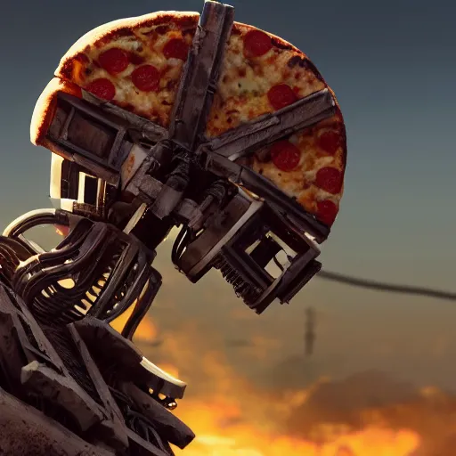 Image similar to close-up of a pizza robot, wasteland, highly-detailed, dramatic lighting, artstation, 4k, cinematic landscape, photograph by Keanu Reeves