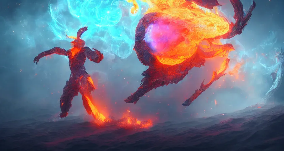 Prompt: fire wielding elemental being, character concept, floating in the cosmos, hyper detailed, fractal, ray tracing, 4 k