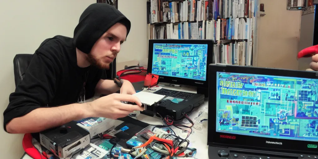 Image similar to hacker hacking a nintendo entertainment system console