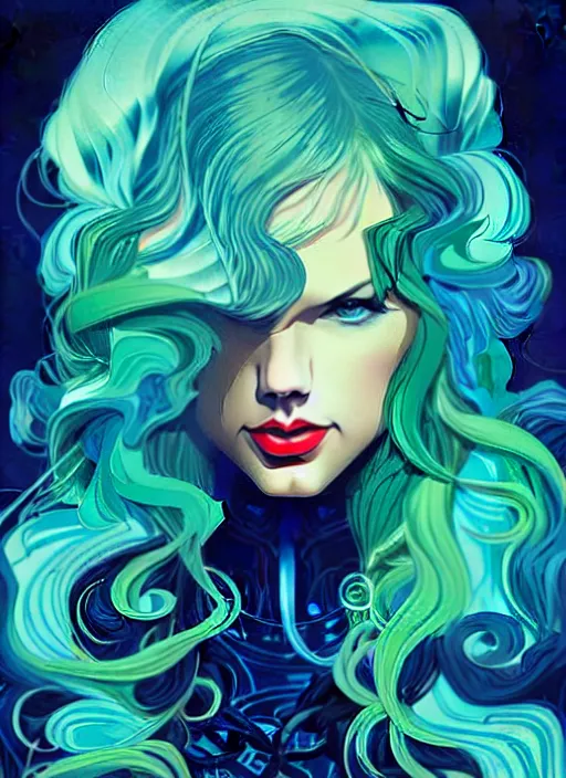 Image similar to style artgerm, joshua middleton, taylor swift with green dress, very long blue hair, swirling water swirling, symmetrical face, symmetrical eyes, steampunk cyberpunk,, cinematic lighting