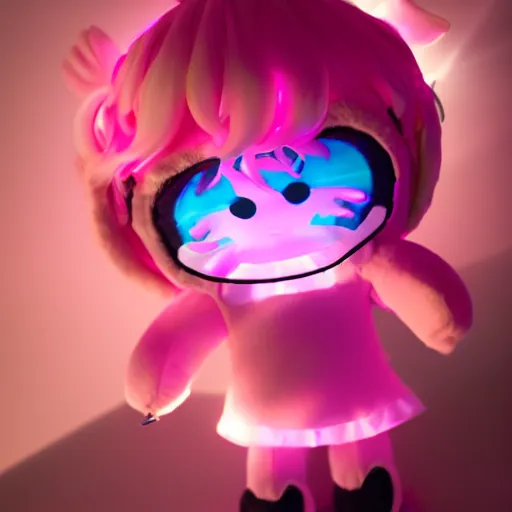 Prompt: cute fumo plush girl from a dark cave which is photoluminescent, jelly glow, neon lens flare, vray