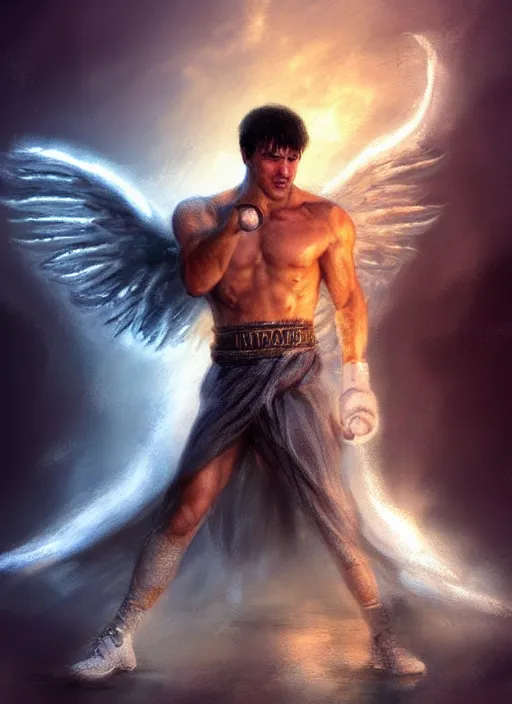 Image similar to concept art, angel knight rocky balboa by artstation trending, by joseph mallord william turner, luis royo, konstantin razumov, cinematic lighting, fractal flame, highly detailed