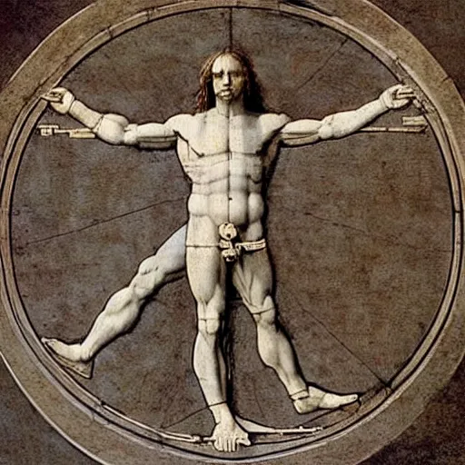 Prompt: Da Vinci's Vitruvian Man as a marble sculpture by Michelangelo