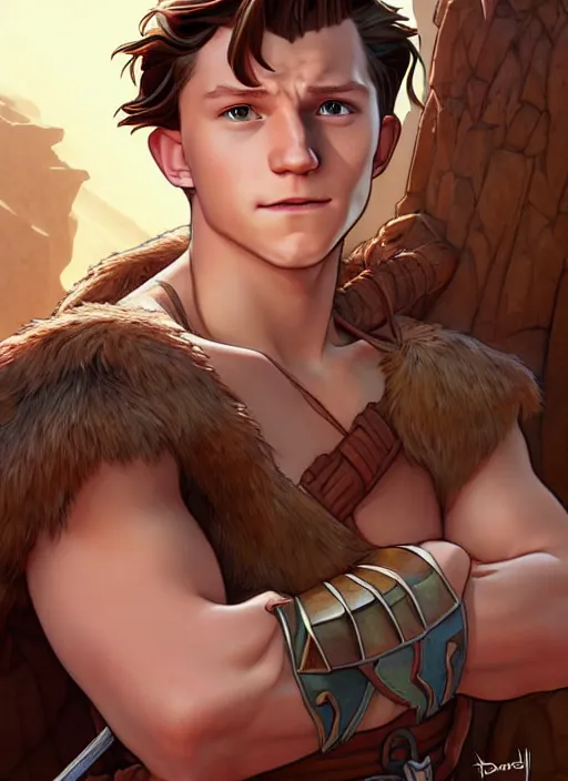 Image similar to cute tom holland wearing barbarian tunic, natural lighting, path traced, highly detailed, high quality, digital painting, by don bluth and ross tran and studio ghibli and alphonse mucha, artgerm