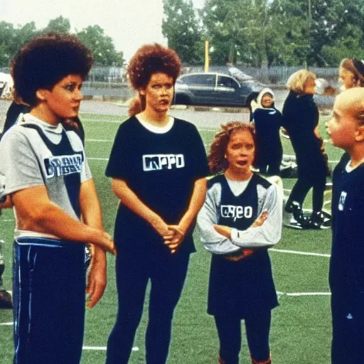 Prompt: robocop 1 9 8 4 coaching a girls'soccer team