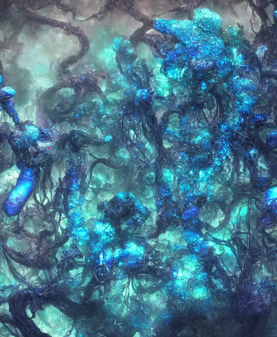 Image similar to hyper detailed 3 d render. blue demon fungal fungus. iridescent textures. highly detailed fantasy science fiction painting by vrubel and chris cunningham. dark and volumetric. artstation