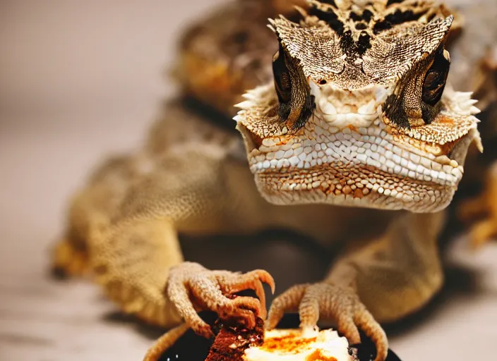 Image similar to dslr portrait still of a bearded dragon eating a slice of cheesecake, 8 k 8 5 mm f 1. 4