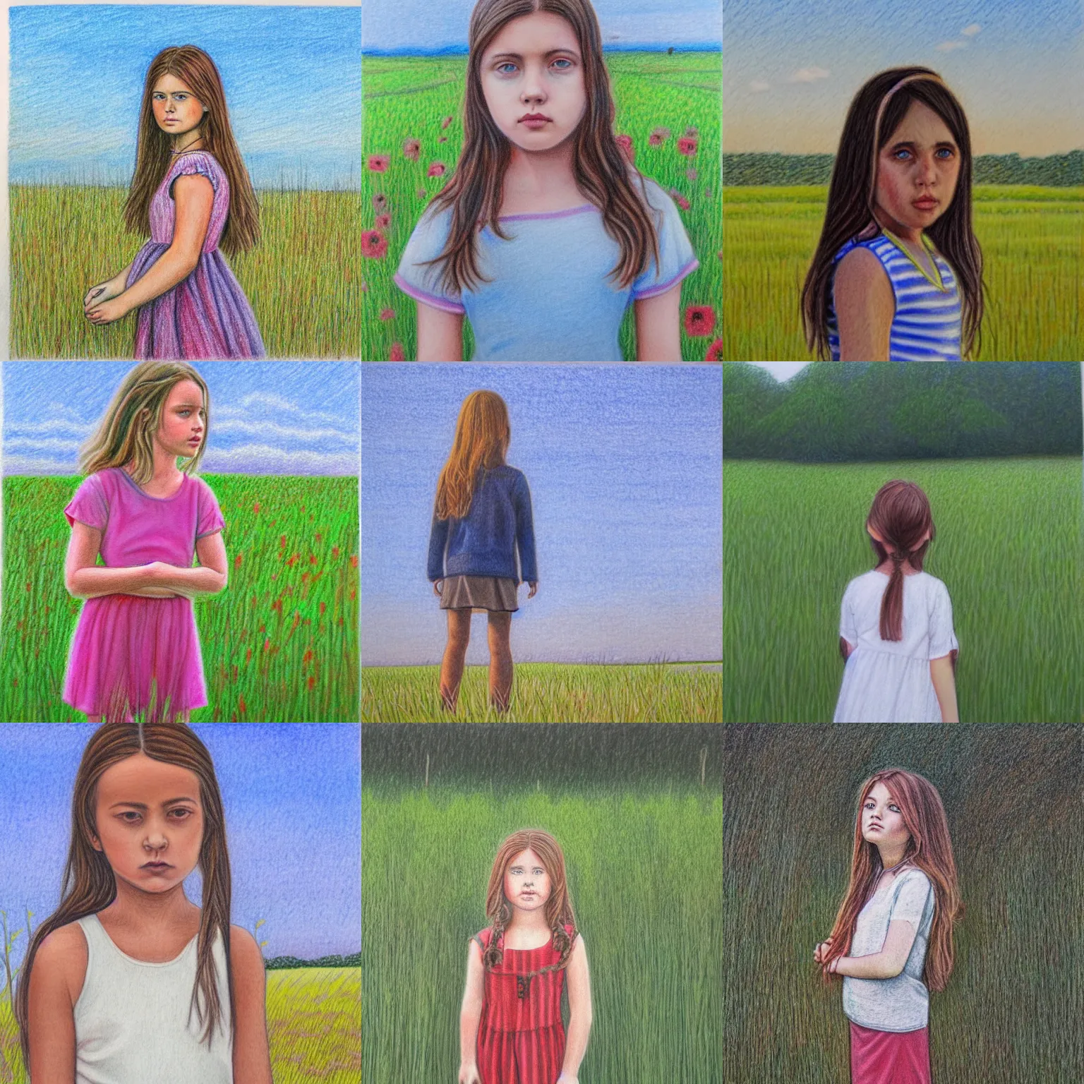 Prompt: portrait colored pencil drawing of girl standing in field looking at camera, peaceful, calm, serene