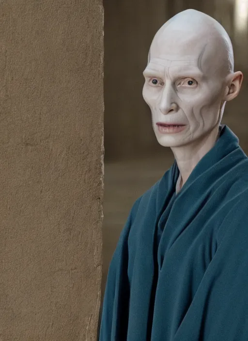 Image similar to film still of tilda swinton as voldemort in harry potter, 4 k, no nose